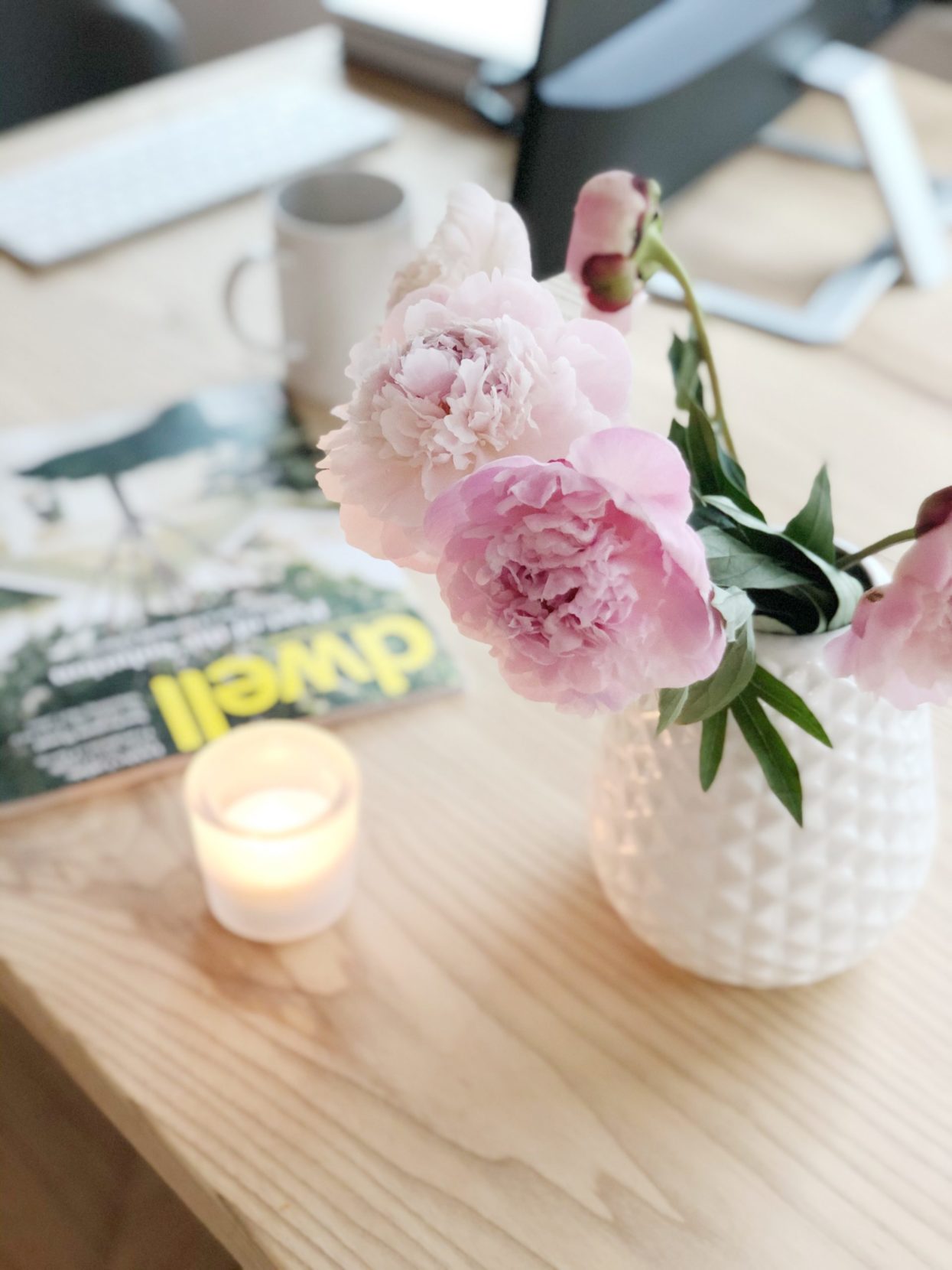 bright workspace, peonies, and workspace set-up